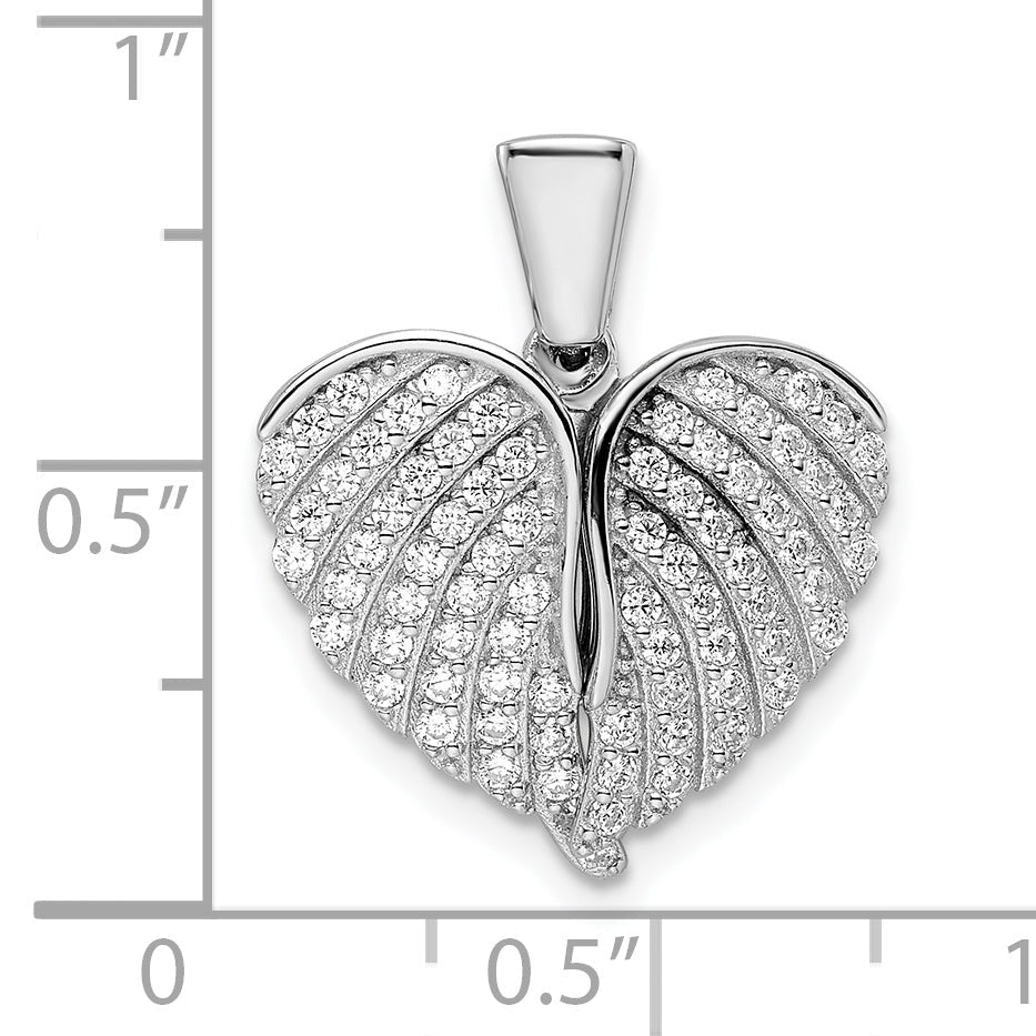 Sterling Silver Polished Rhodium-Plated Cz Opening Wings & Heart Pendant