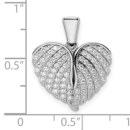 Sterling Silver Polished Rhodium-Plated Cz Opening Wings & Heart Pendant