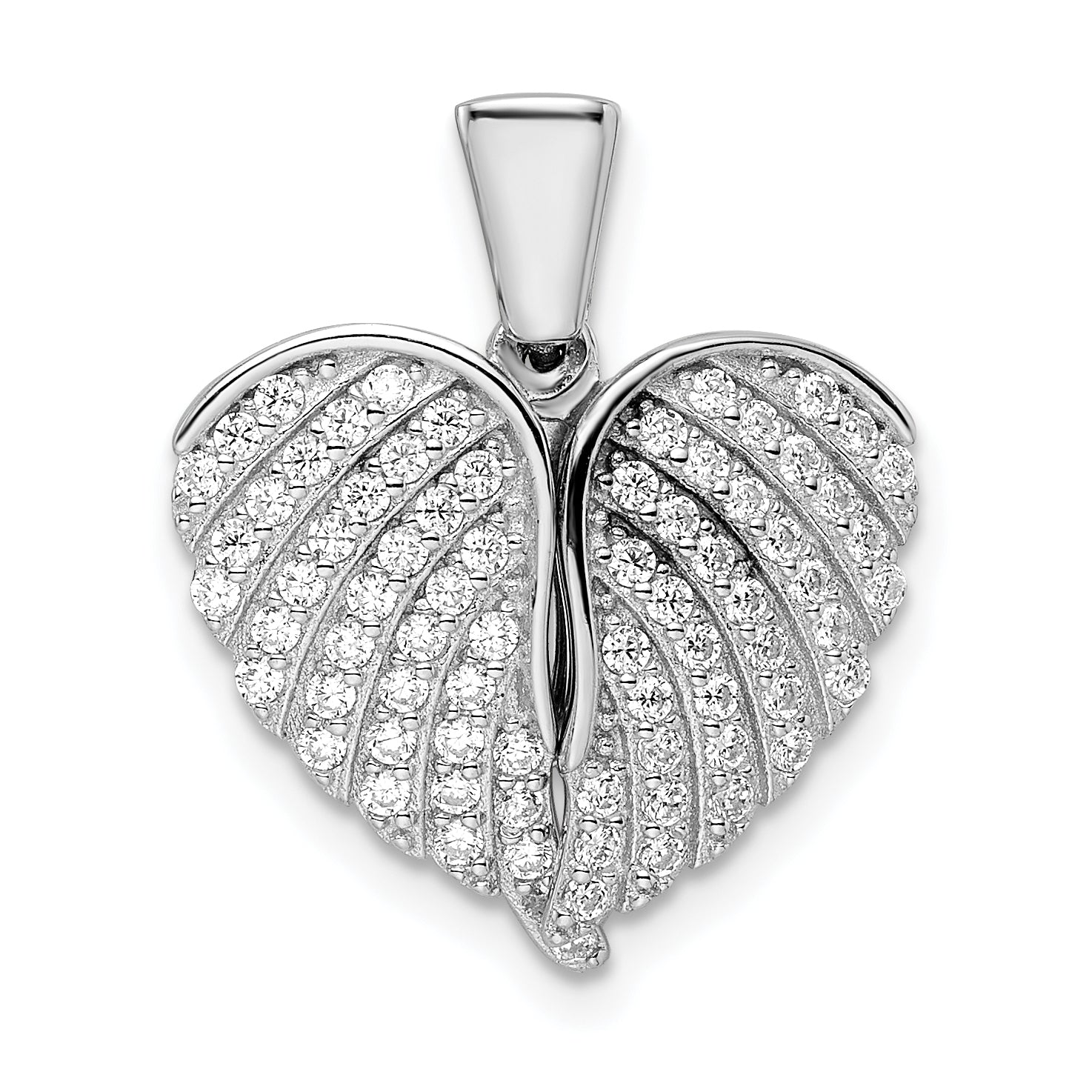 Sterling Silver Polished Rhodium-Plated Cz Opening Wings & Heart Pendant