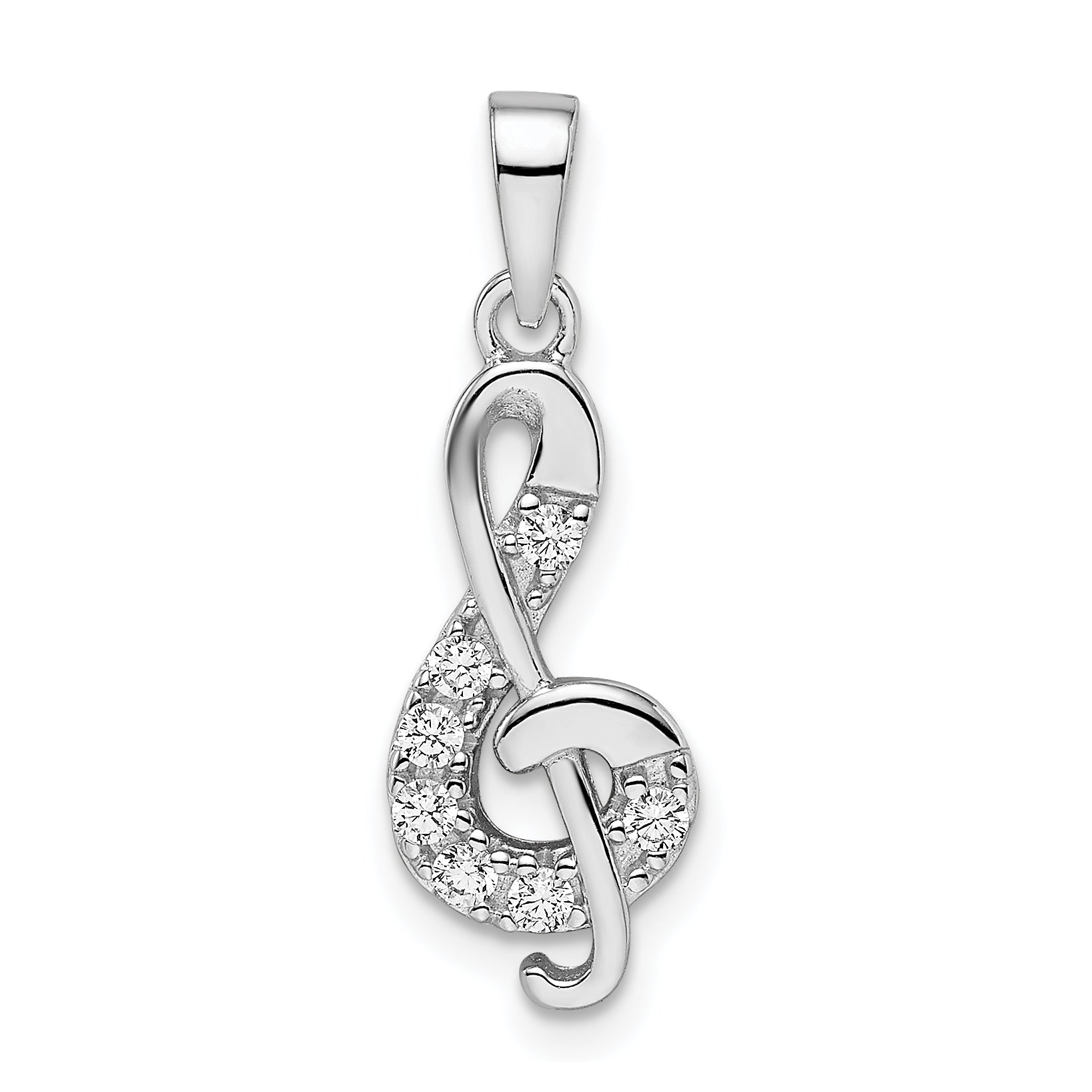 Sterling Silver Rhodium-Plated Cz Treble Clef Pendant