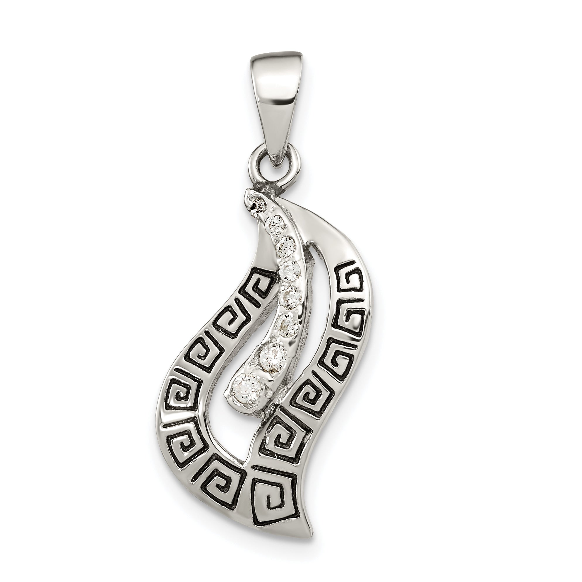 Sterling Silver Polished Enamel Cz Greek Key Pendant