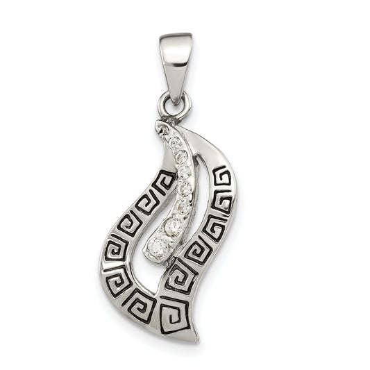 Sterling Silver Polished Enamel Cz Greek Key Pendant