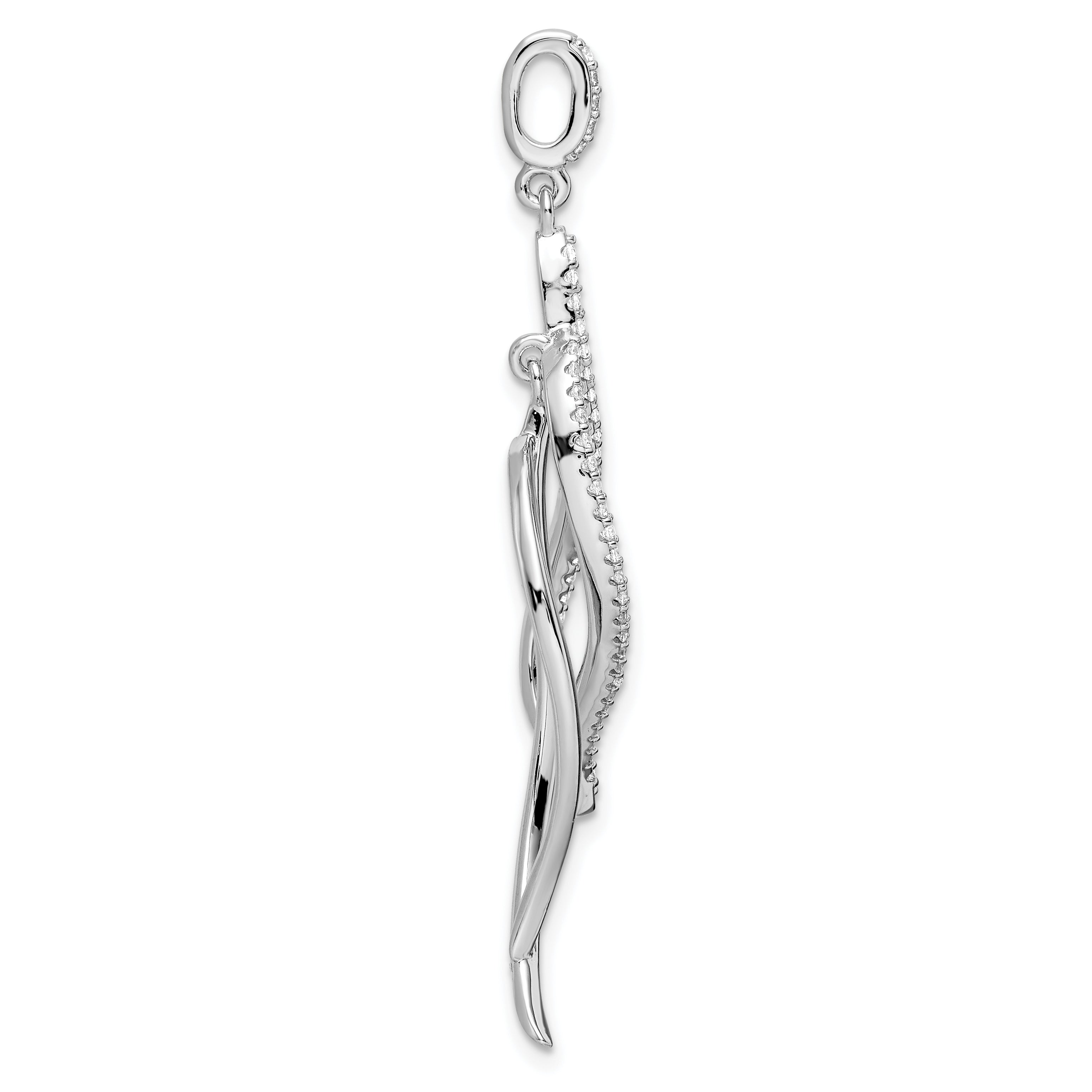 Sterling Silver Rhodium-Plated Cz Dangle Leaf Pendant