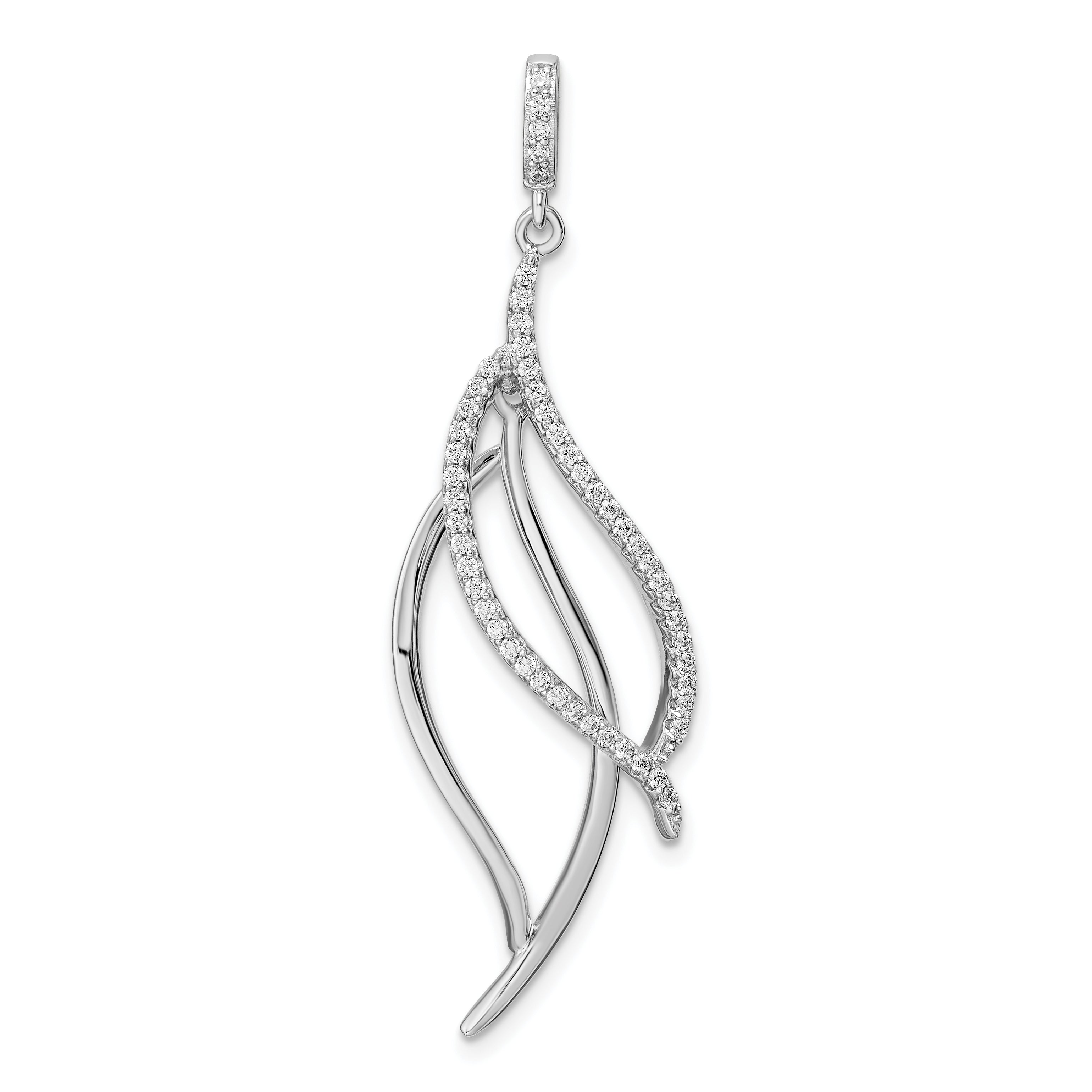 Sterling Silver Rhodium-Plated Cz Dangle Leaf Pendant