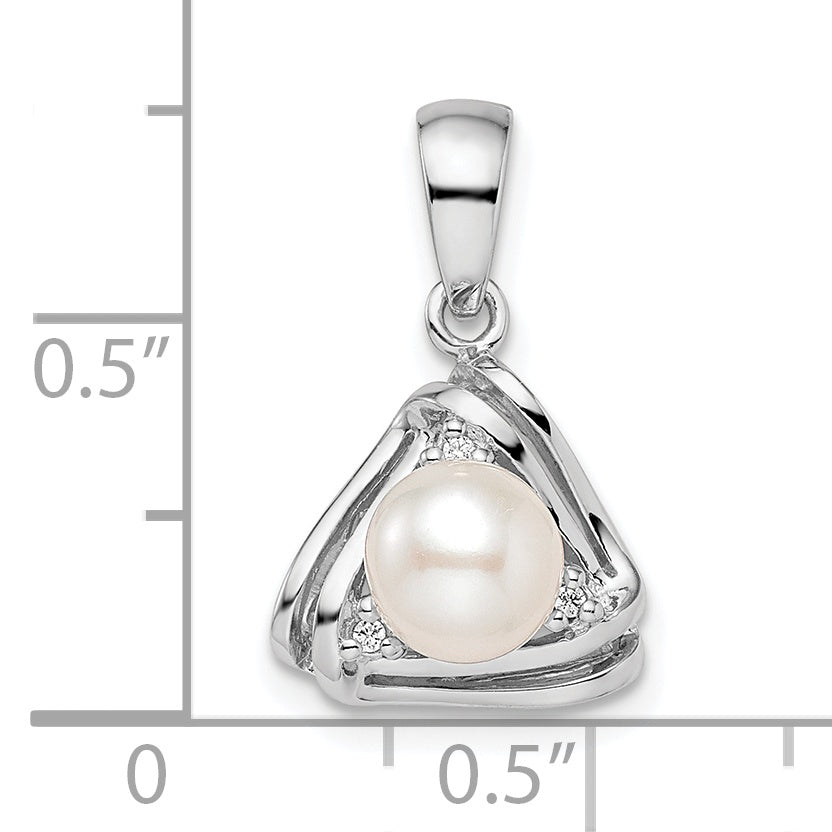 Sterling Silver Rhodium-Plated Fwc Pearl And Cz Triangle Pendant