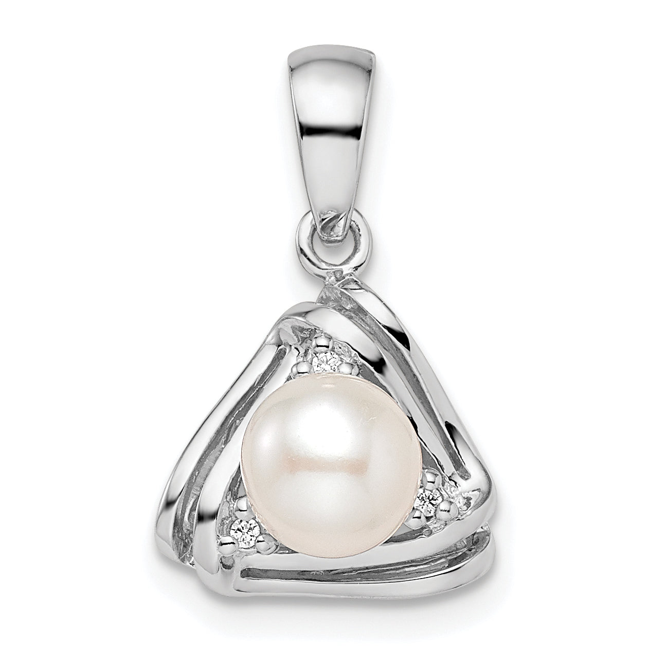 Sterling Silver Rhodium-Plated Fwc Pearl And Cz Triangle Pendant