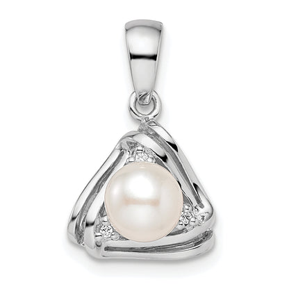 Sterling Silver Rhodium-Plated Fwc Pearl And Cz Triangle Pendant