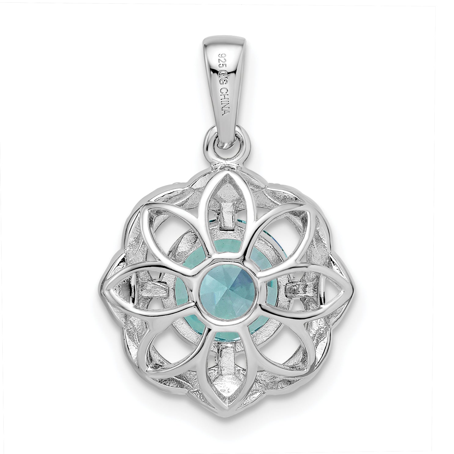 Sterling Silver Rhodium Plated Aqua & White Cz Pendant