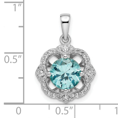Sterling Silver Rhodium Plated Aqua & White Cz Pendant
