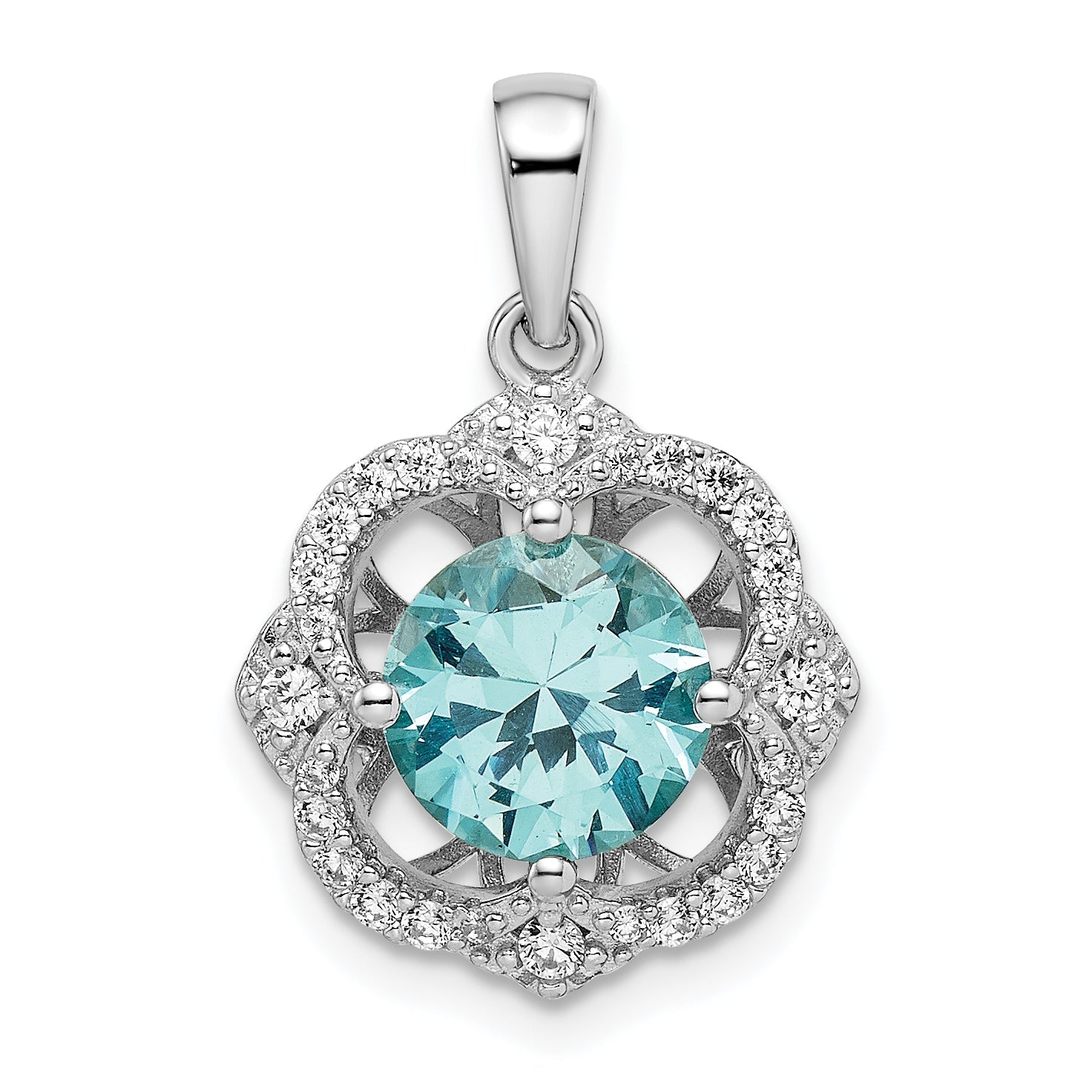 Sterling Silver Rhodium Plated Aqua & White Cz Pendant