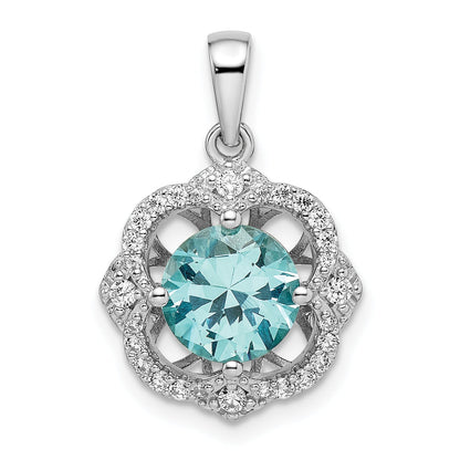 Sterling Silver Rhodium Plated Aqua & White Cz Pendant