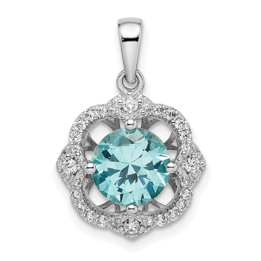 Sterling Silver Rhodium Plated Aqua & White Cz Pendant