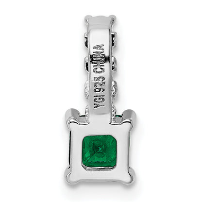 Sterling Silver Polished Rhodium-Plated Green & Clear Cz Square Pendant