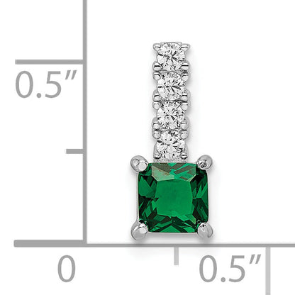 Sterling Silver Polished Rhodium-Plated Green & Clear Cz Square Pendant
