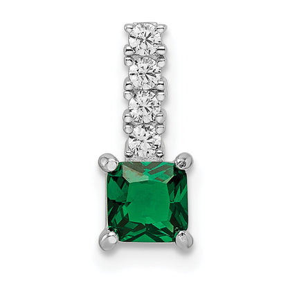 Sterling Silver Polished Rhodium-Plated Green & Clear Cz Square Pendant