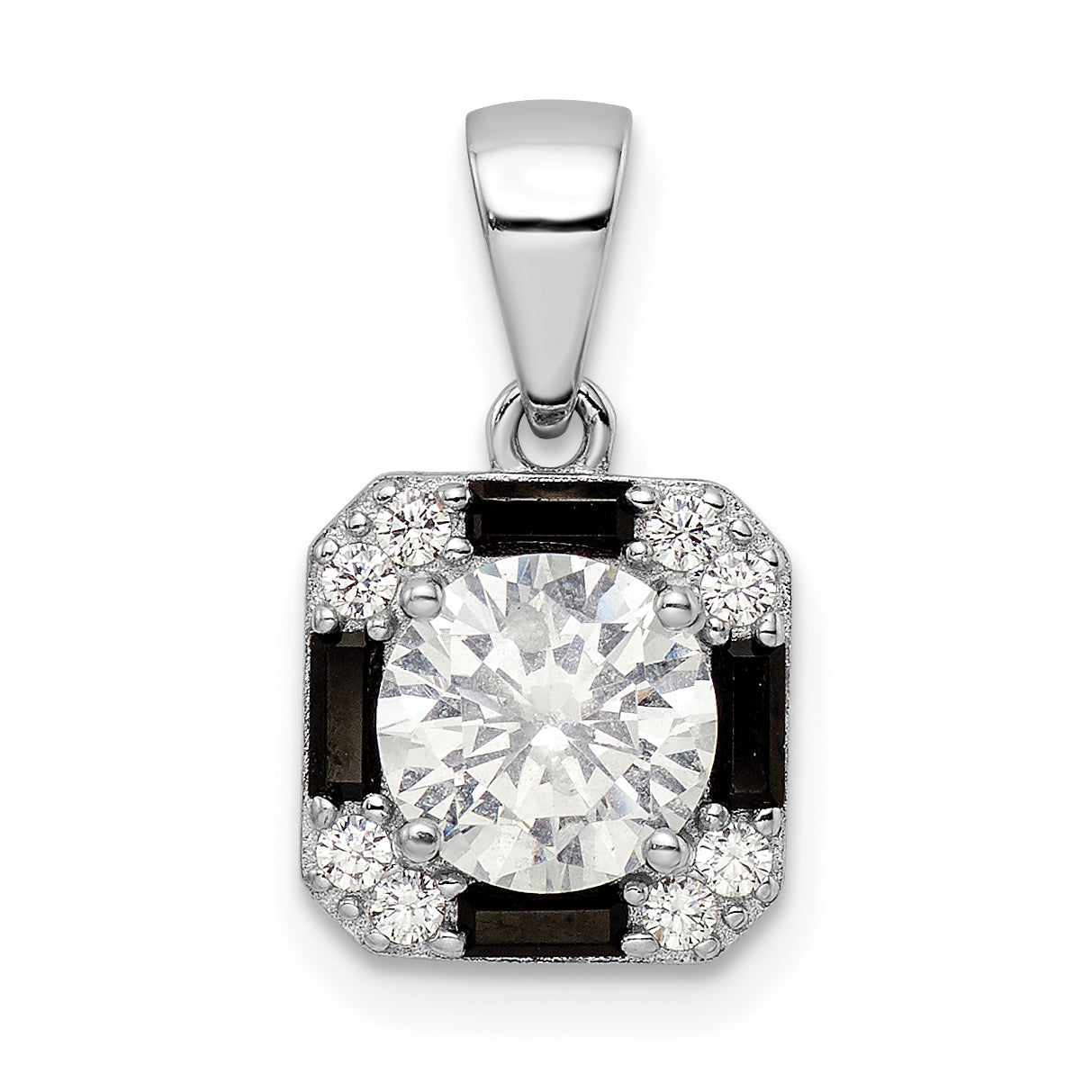 Sterling Silver Rhodium-Plated Cz & Black Nano Crystal Square Pendant