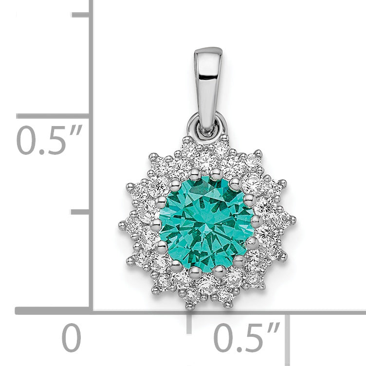 Sterling Silver Rhodium Plated Teal & White Cz Pendant