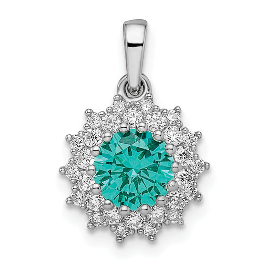 Sterling Silver Rhodium Plated Teal & White Cz Pendant