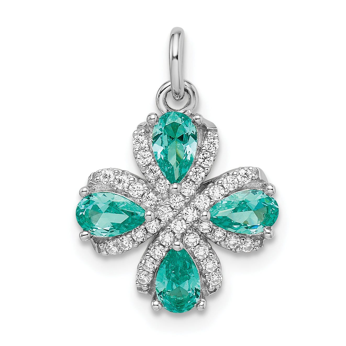 Sterling Silver Rhodium Plated Teal & White Cz Pendant