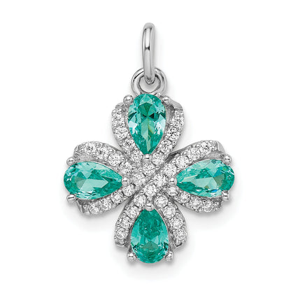 Sterling Silver Rhodium Plated Teal & White Cz Pendant