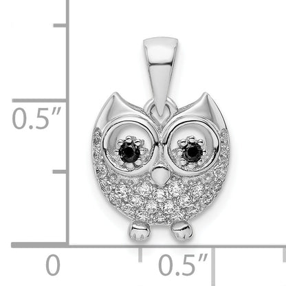 Sterling Silver Rhodium-Plated Black & White Cz Owl Pendant