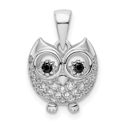Sterling Silver Rhodium-Plated Black & White Cz Owl Pendant