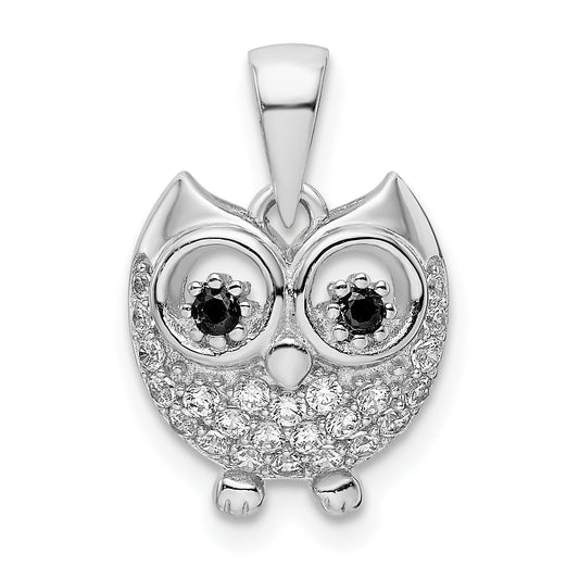 Sterling Silver Rhodium-Plated Black & White Cz Owl Pendant