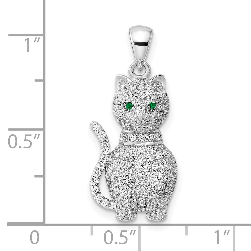 Sterling Silver Rhodium-Plated Polished Green & White Cz Cat Pendant