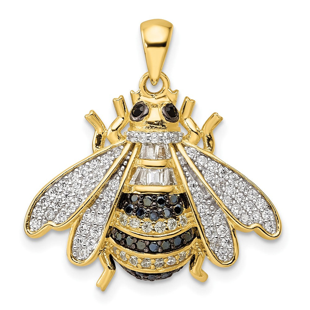Sterling Silver Blk/White Rh-Plated Gold Tone Cz Bumblebee Pendant