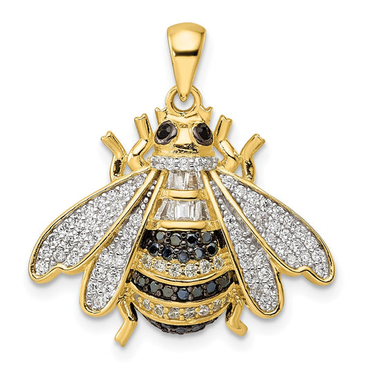 Sterling Silver Blk/White Rh-Plated Gold Tone Cz Bumblebee Pendant