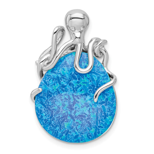 Sterling Silver Rhodium-Plated Polished Blue Created Opal Octopus Chain Slide