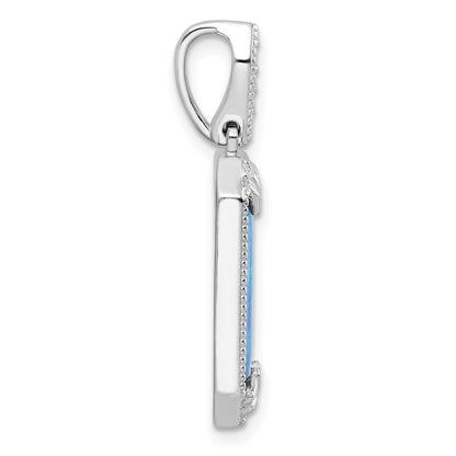 Sterling Silver Rh-Plated Blue Created Opal & Cz Beaded Border Pendant