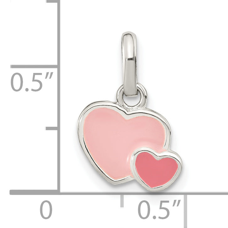 Sterling Silver Rhodium-Plated Pink Enamel Double Heart Pendant