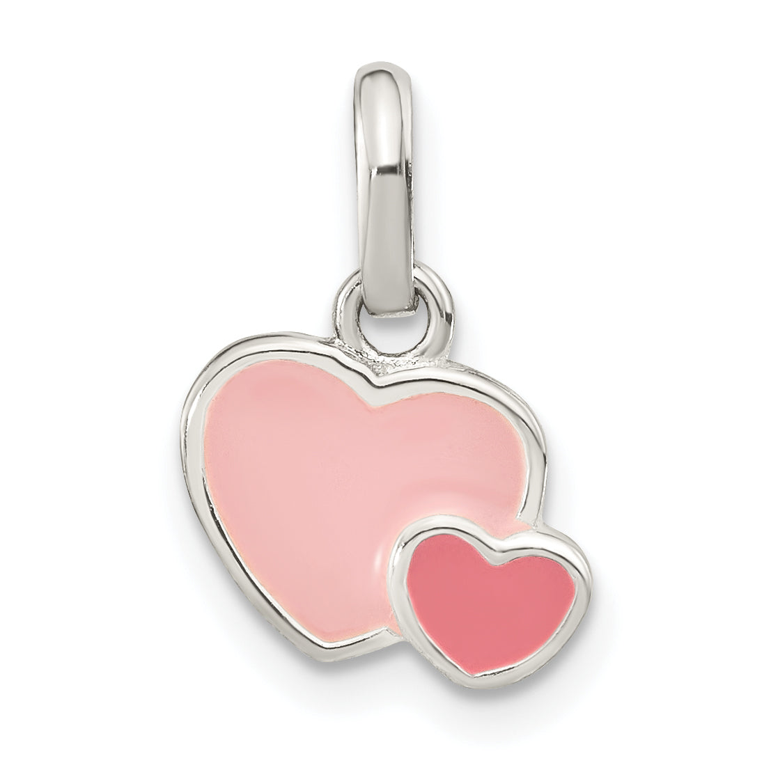 Sterling Silver Rhodium-Plated Pink Enamel Double Heart Pendant