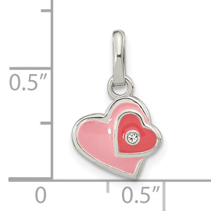 Sterling Silver Rhodium-Plated Pink Enamel Cz Double Heart Pendant