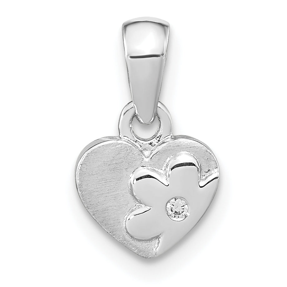 Sterling Silver Rh-Plated Cz Flower Heart Pendant
