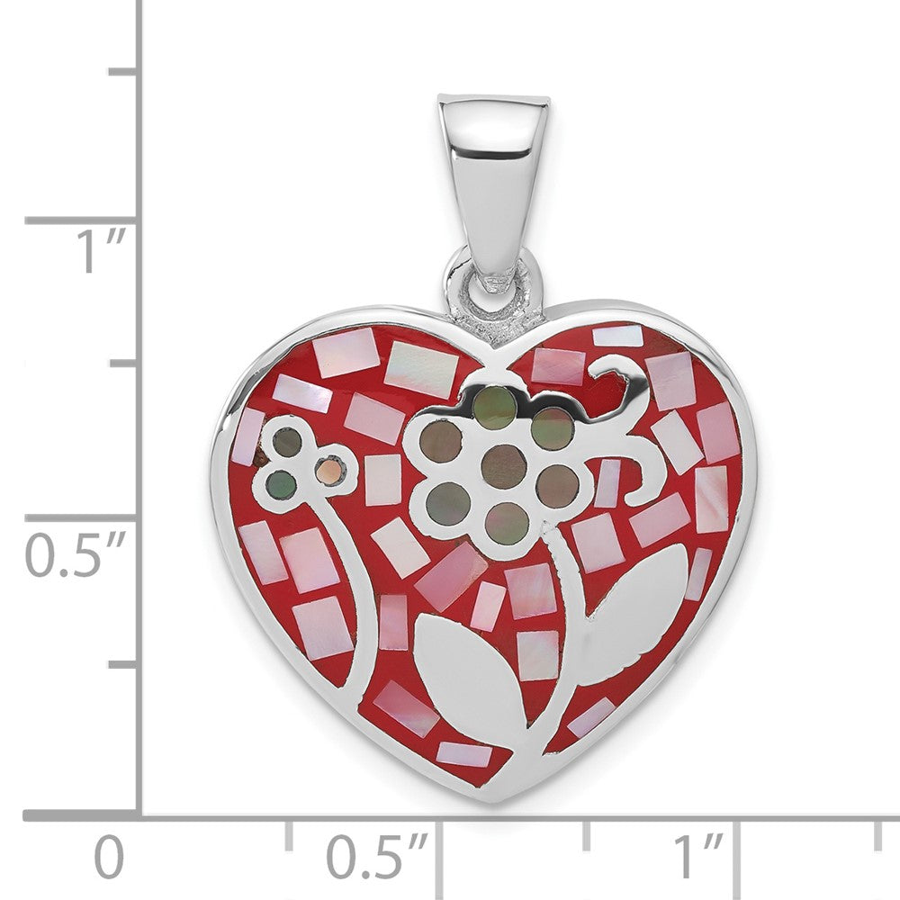Sterling Silver Multicolored Stone Inlay Flower Heart Pendant