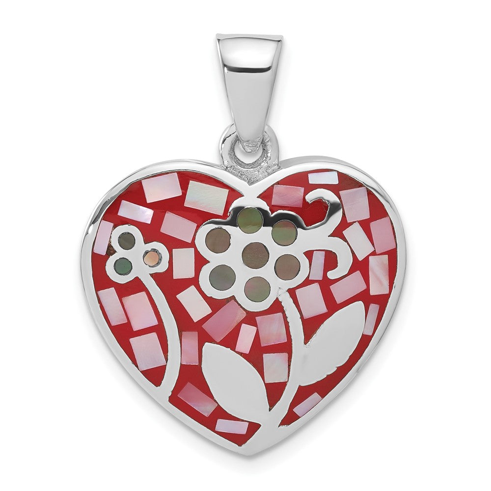 Sterling Silver Multicolored Stone Inlay Flower Heart Pendant