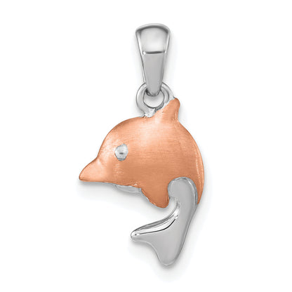 Ss/Rose Plated Sterling Silver Rh-Plated & Rose Gold-Plated Brushed Dolphin Pendant