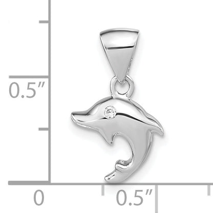 Sterling Silver Rh-Plated Polished Cz Dolphin Pendant