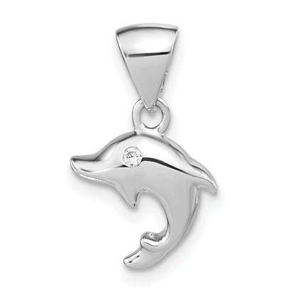 Sterling Silver Rh-Plated Polished Cz Dolphin Pendant