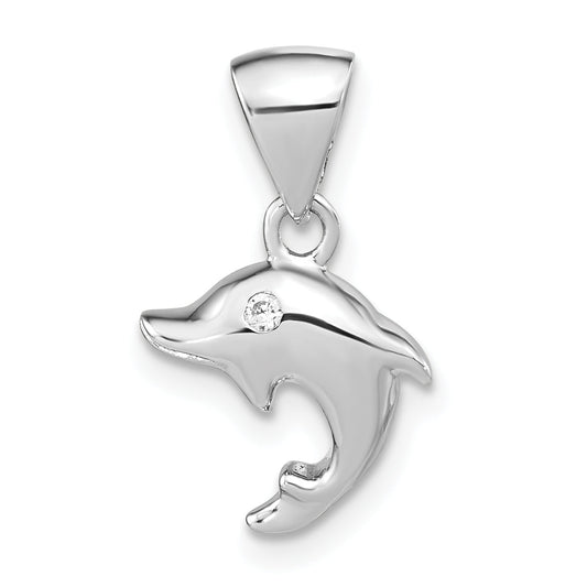 Sterling Silver Rh-Plated Polished Cz Dolphin Pendant