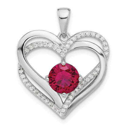 Sterling Silver Rhodium-Plated Red and White CZ Double Heart Pendant