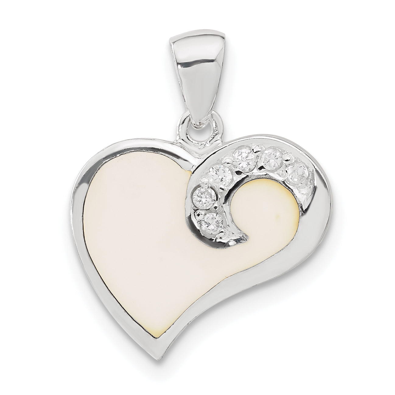 Sterling Silver Cz And White Enameled Heart Pendant