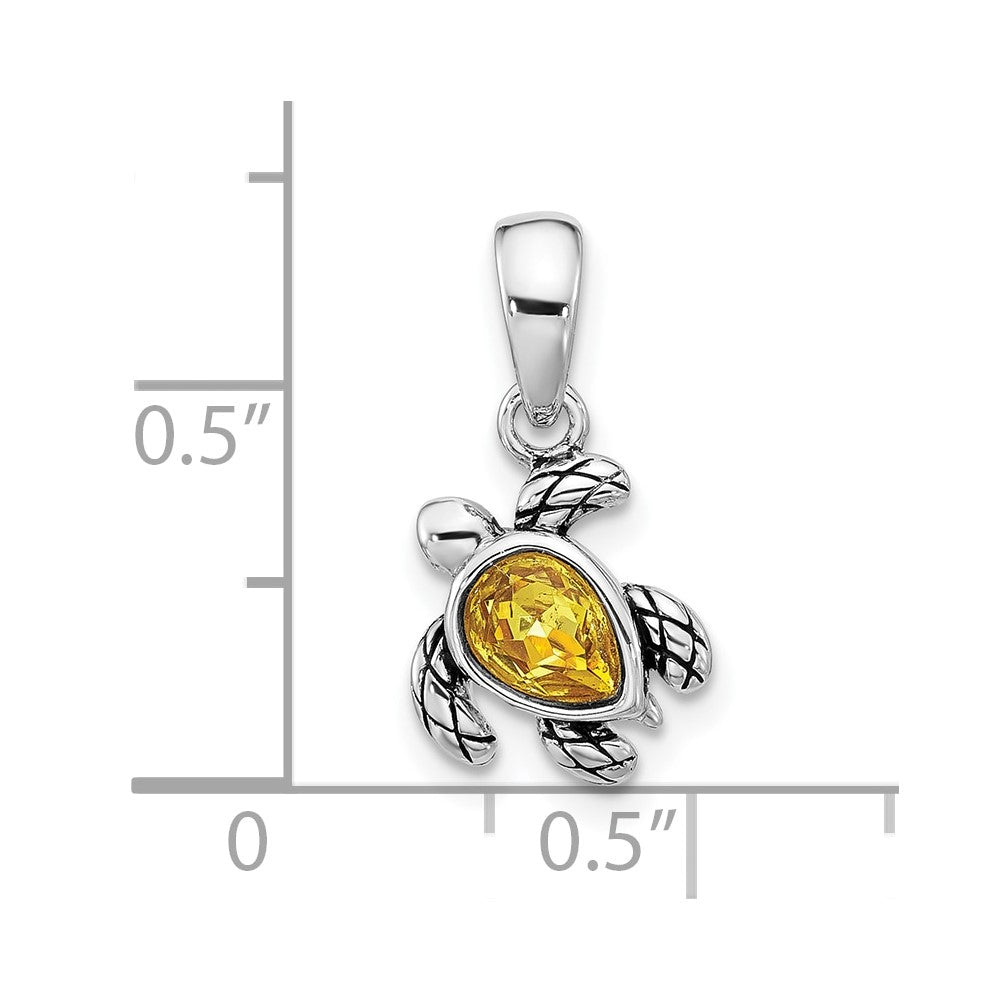 Sterling Silver Rhodium Plated Antiqued Crystal Nov Birthstone Turtle Pendant