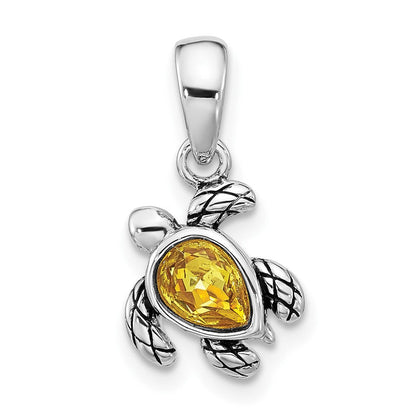 Sterling Silver Rhodium Plated Antiqued Crystal Nov Birthstone Turtle Pendant