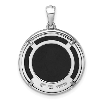 Sterling Silver Rhodium Plated Polished Onyx and CZ Leaf Circle Pendant