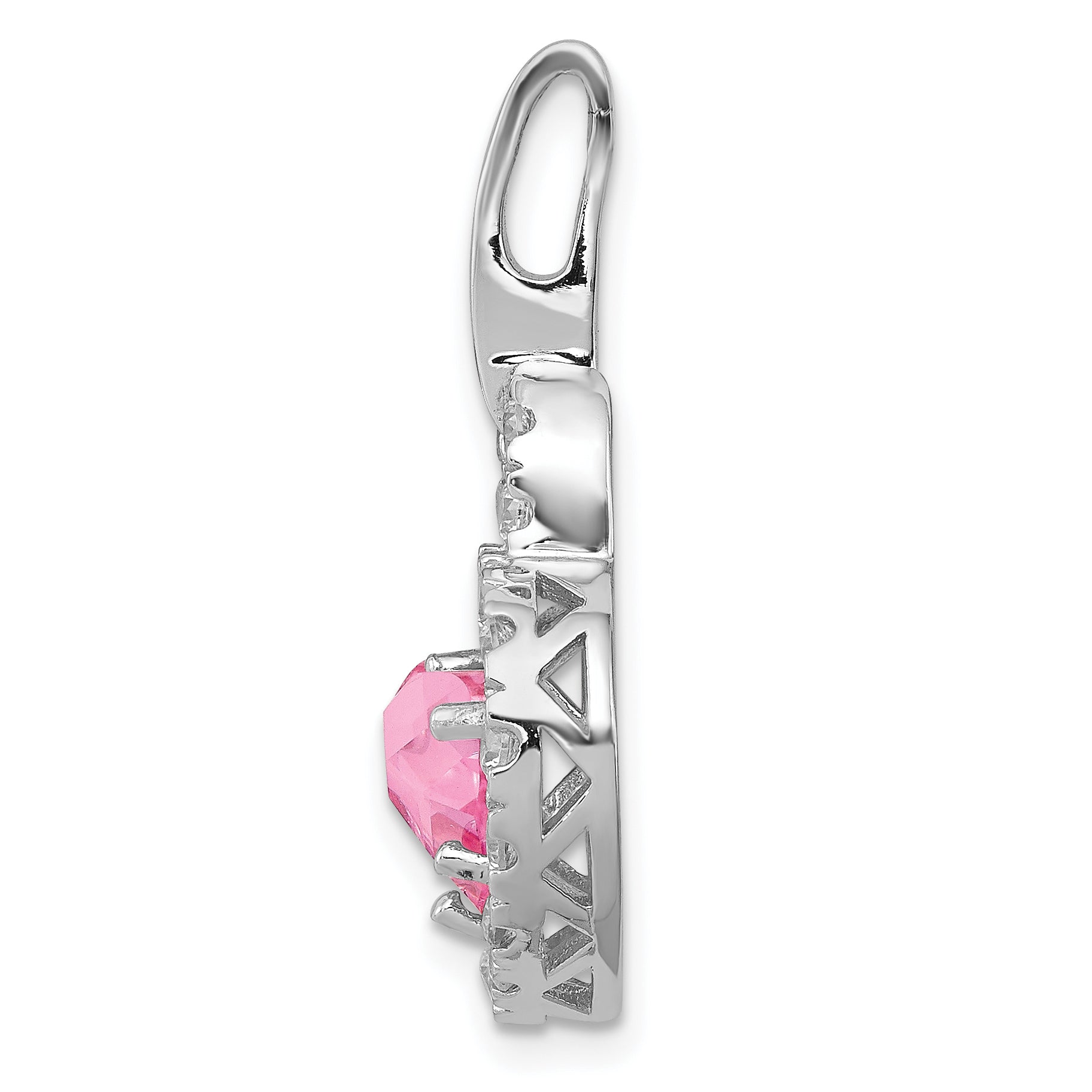 Sterling Silver Silverrhodium Plated Pink And Clear Cz Heart Pendant