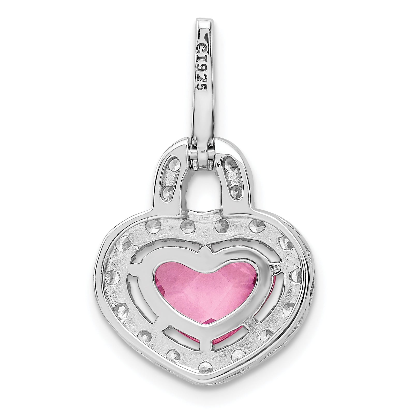 Sterling Silver Silverrhodium Plated Pink And Clear Cz Heart Pendant