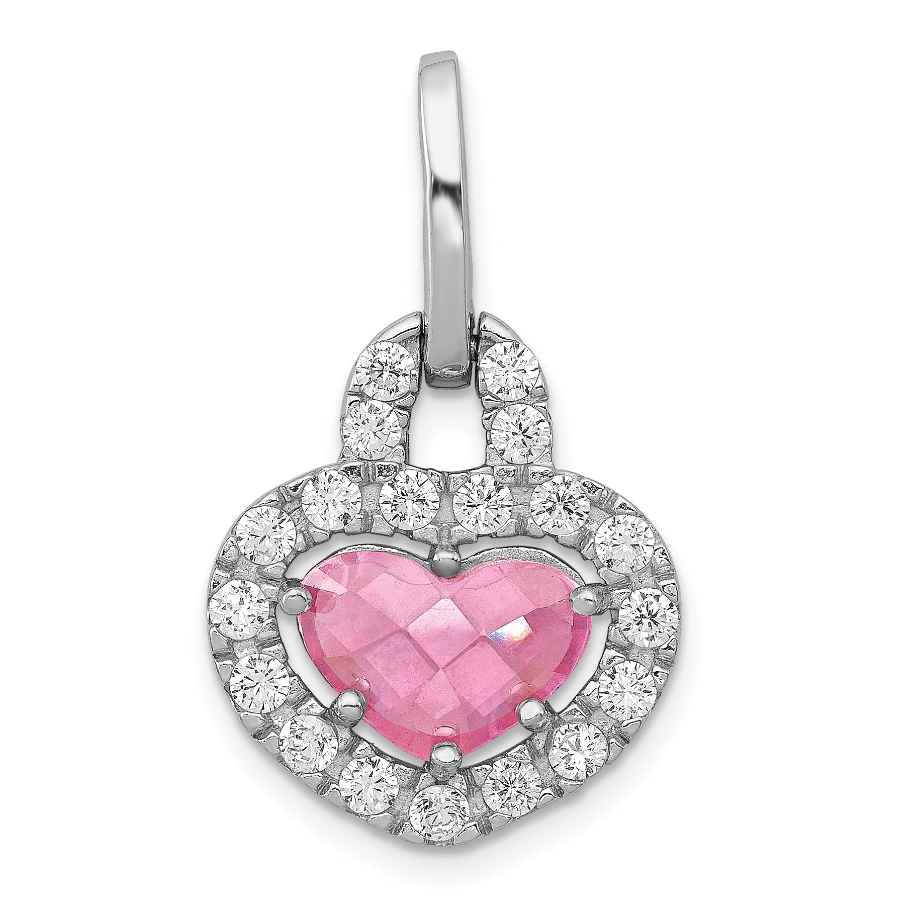 Sterling Silver Silverrhodium Plated Pink And Clear Cz Heart Pendant